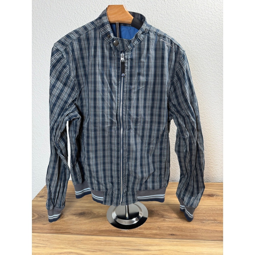Vintage Energie Gold Plaid Bomber Jacket Full Zip Blue Khaki Men's Large Cotton